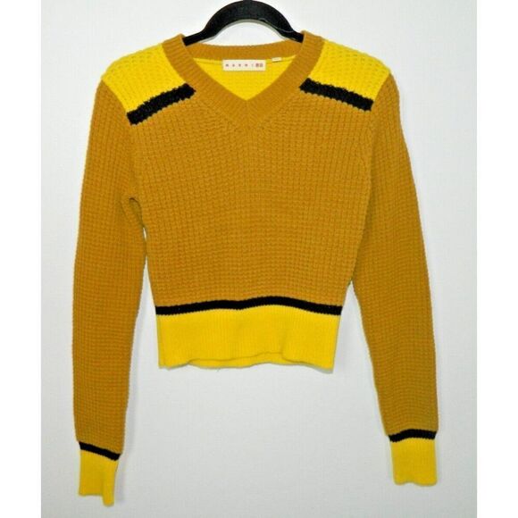 MARNI x UNIQLO Sweater  Size X-Small Yellow Mustard Popcorn Knit V-Neck - Picture 7 of 9